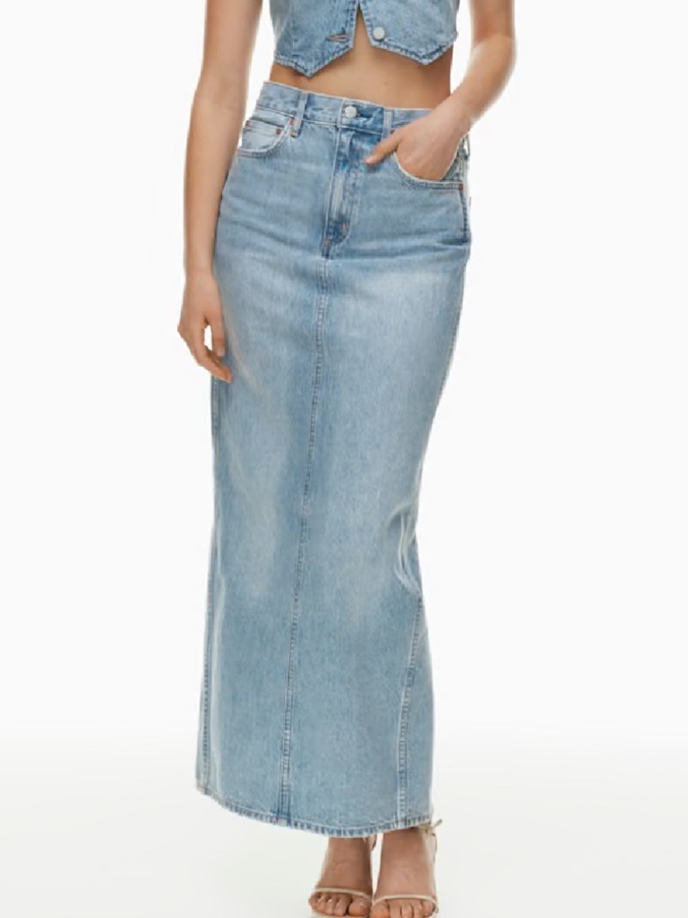 Aritzia Denim Forum The 90s Pencil Maxi Denim Skirt in light medium blue 25